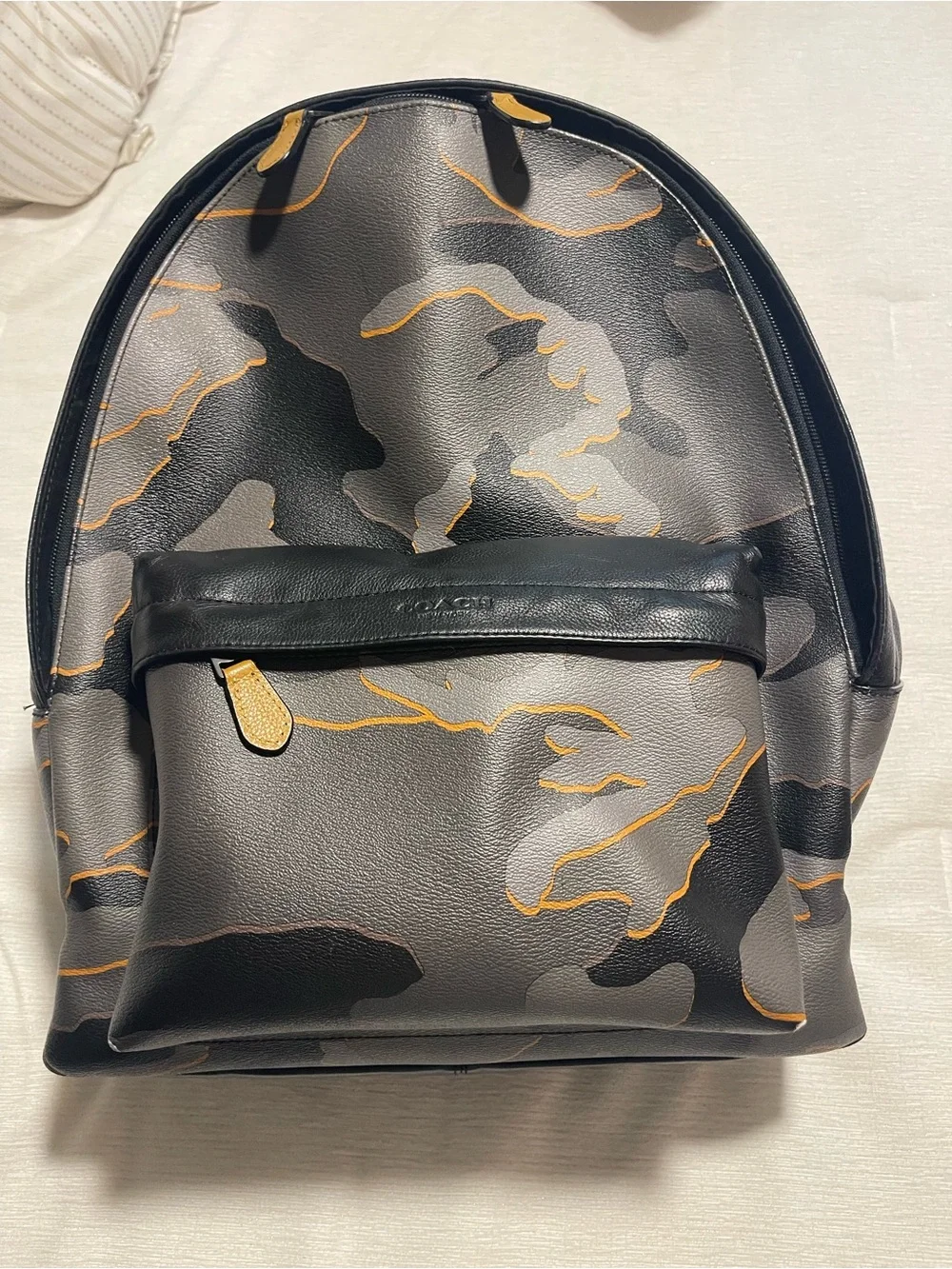 Coach Men's Camouflage Leather Backpack - Black, Gray & Tan Trim